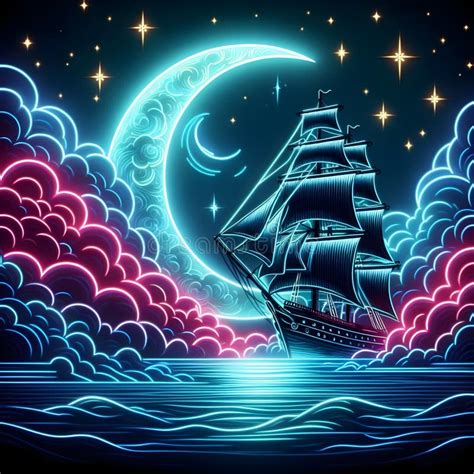 Sailing Ship in the Night Sky with Clouds. Neon Light Art Stock Illustration - Illustration of ...