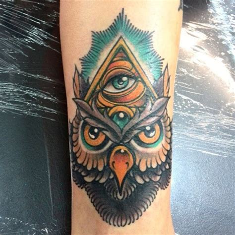 New school style colored tattoo of mystical owl with pyramid and eye - Tattooimages.biz