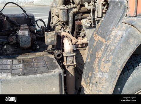 Grimy oil stained engine exterior of a Russian Kamaz vehicle Stock Photo - Alamy