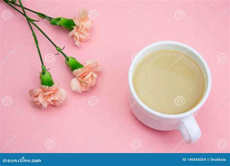 Coffee With Cream And Flowers On A Pastel Pink Background Stock Photo - Image of copy, flat ...