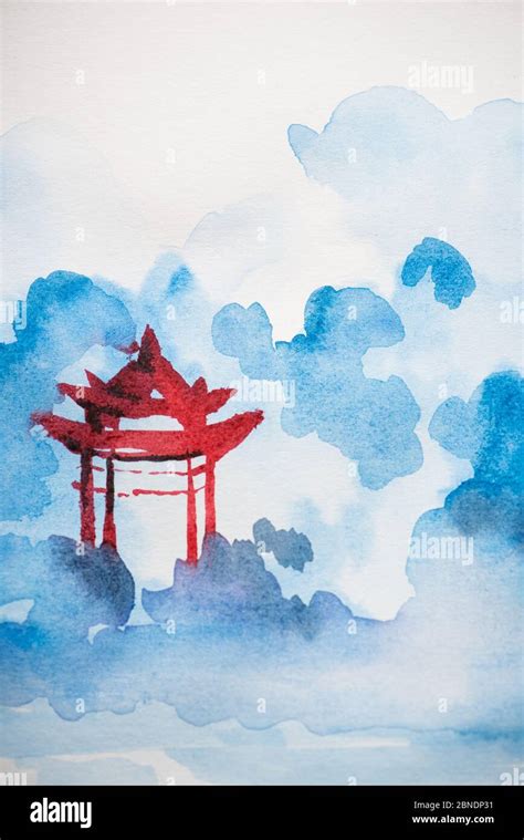 Japanese painting with temple on white background Stock Photo - Alamy