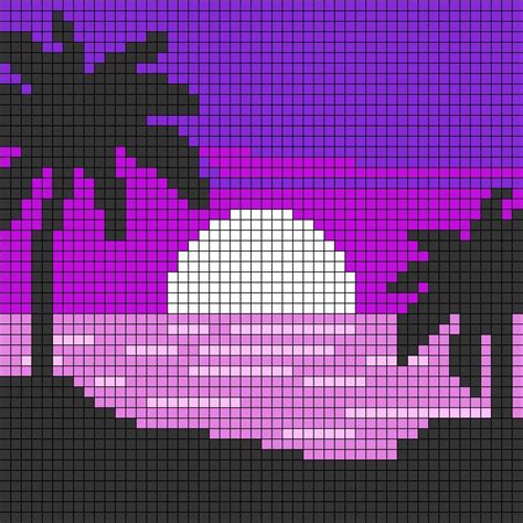 a cross stitch pattern with palm trees and the sun setting in the distance, on a purple background