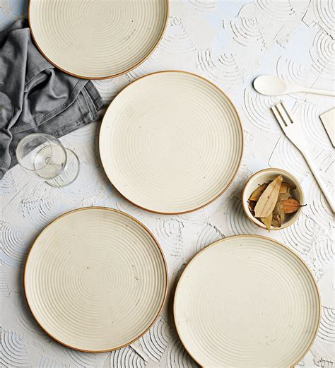 Handcrafted ribbed cream 1-inch ceramic dinner plates -set of 4, best design for table ...