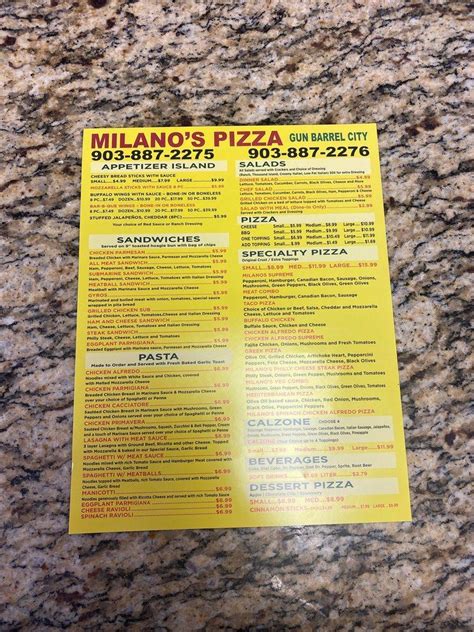 Menu at Milano's Pizza pizzeria, Gun Barrel City