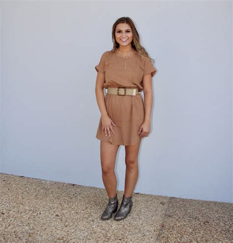 light brown short sleeve belted shirt dress