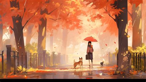 Autumn background design Fall wallpaper golden brown anime manga style | Premium AI-generated image