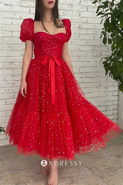 Red Starry Tulle Short Sleeve Sweetheart Midi Prom Gown - Xdressy