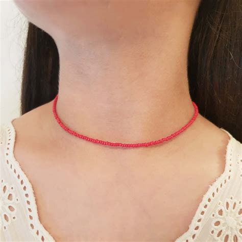 Red choker necklace Red beaded choker Dainty necklace Glass | Etsy