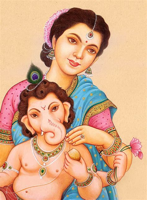 Child Ganesha in the Lap of Mother Parvati | Exotic India Art