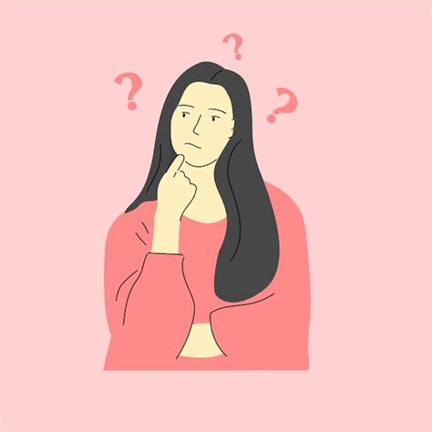 Premium Vector | Woman holding chin with confused face and question mark illustration