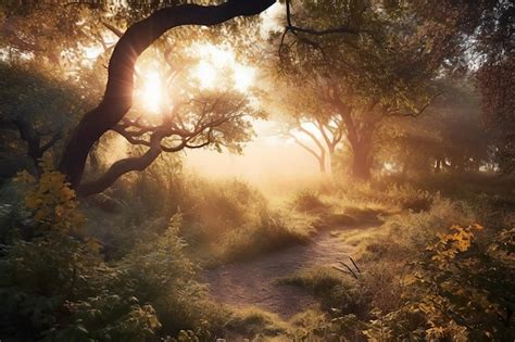 Premium Photo | Sunrise in the misty morning in the autumn forest landscape