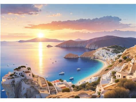 Premium AI Image | Golden Hour Magic Sunset View Above Milos Island Greece