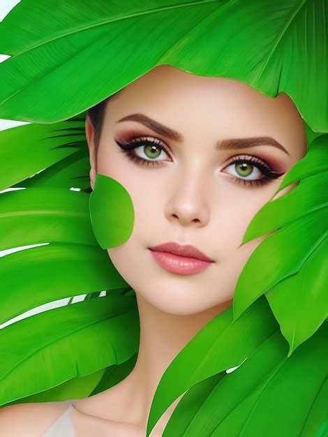 Premium AI Image | Tropical portrait beautiful woman in leaves palm tree bright green makeup ai ...