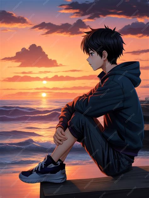 Premium Photo | Artistic image of Boy anime on the beach watching sunset