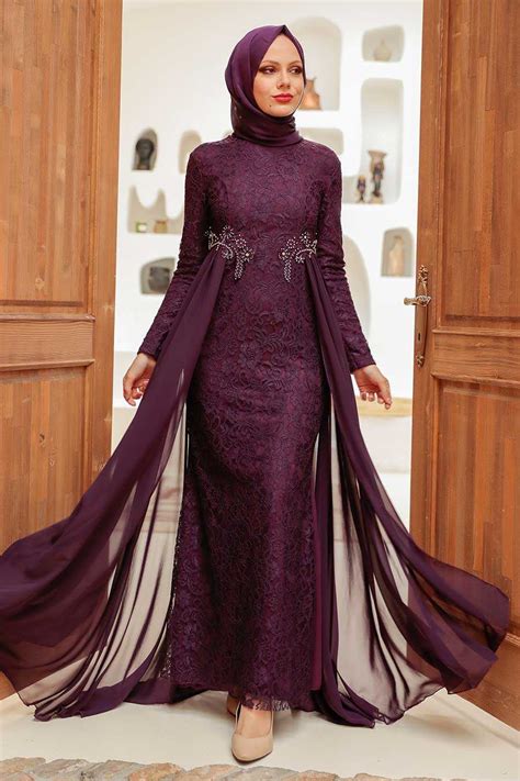 Stylish Plum Color Hijab Wedding Gown 9105MU - Neva-style.com