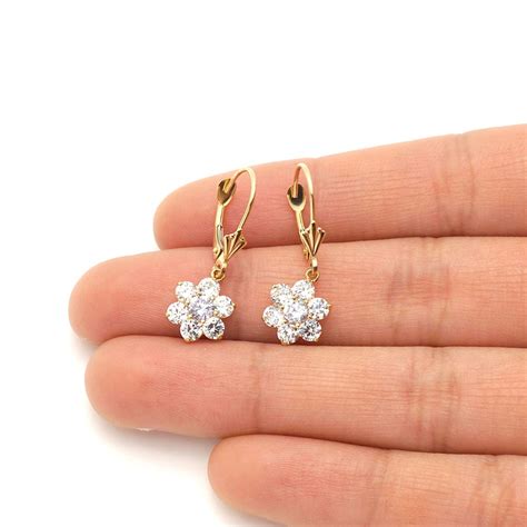 14k Yellow Gold Created Diamond Flower Cluster Dangle Drop Leverback Earrings | WJD Exclusives