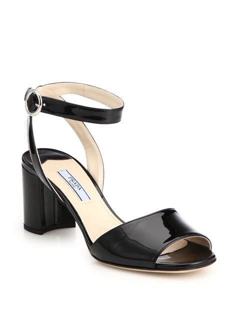 Prada Patent Leather Block-Heel Sandals in Black - Lyst