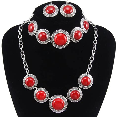 Vintage Jewelry Sets For Women Antique Silver Color Link Chain Big Round Red Resin Stone Pendant ...