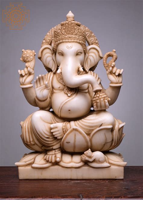 21" Lord Ganesha Seated on Lotus | Handmade | White Marble Ganesh ...