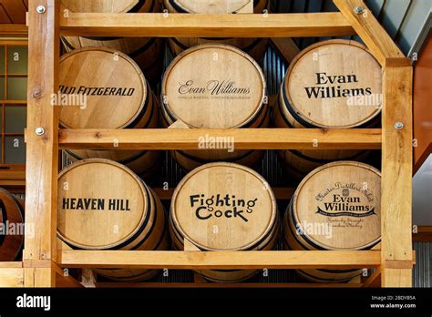 old whiskey barrels display, distillery names printed, Heaven Hill Bourbon Heritage Center ...