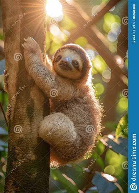 Adorable Baby Sloth Clinging To a Tree in the Forest Stock Illustration - Illustration of ...