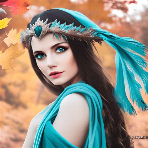 Beautiful CGI Female with Teal Cloak and Fall Leaves Crown · Creative Fabrica