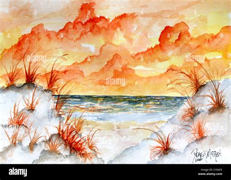 beach sand dunes watercolor painting Stock Photo - Alamy