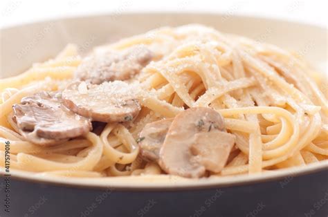 linguine alfredo with mushrooms Stock Photo | Adobe Stock