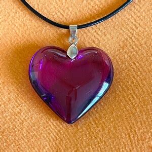 Purple Heart Necklace, Big Purple Glass Heart Pendant, Puff Charm Necklace With Black Leather ...