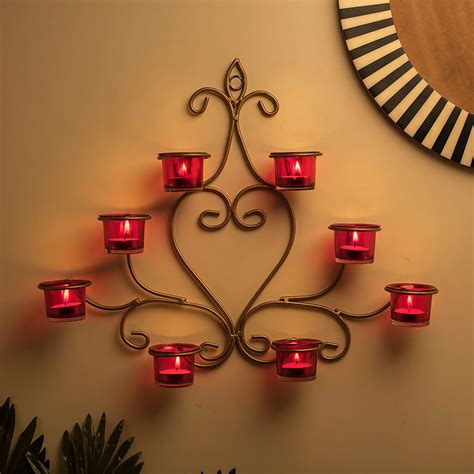 Buy 8-Votive Chic Golden Iron Wall Sconce Candle Holder, Red Candle ...