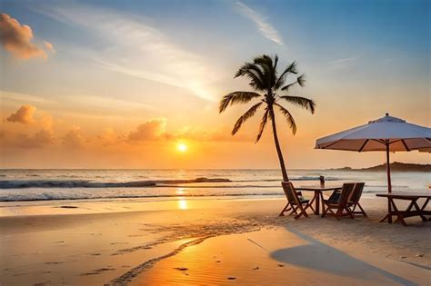 Premium Photo | A beach with a palm tree and a beach umbrella