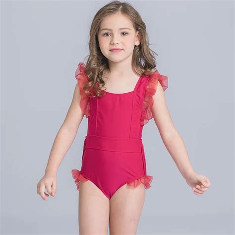 2017 Red Lace Swimsuit Girls One Piece Swimwear Solid Bodysuit Children Beachwear Sports Swim ...