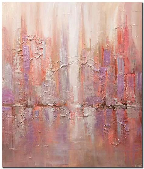 soft color cityscape abstract art canvas painting pink wall art ...