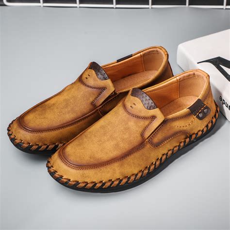 Men's Premium Genuine Leather Casual Slip On Loafers Breathable Shoes Dark Brown Yellowstone ...