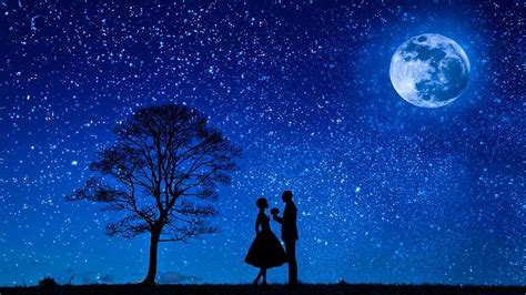 HD wallpaper: Photo Illustration of two lovers under the full moon on a starry night ...