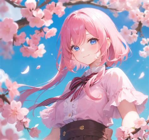 an anime girl with pink hair and blue eyes standing in front of cherry blossom trees