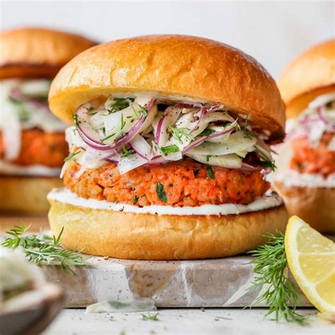 Salmon Burgers with Lemon-Caper Spread and Fennel Slaw - Dishing Out Health