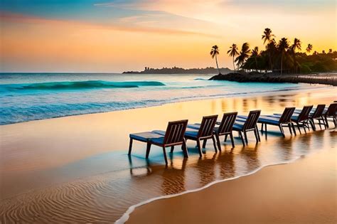 Premium Photo | A beach with chairs and palm trees in the background