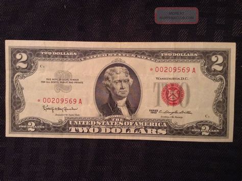 1963 $2 Dollar Bill Red Seal Star Note Serial 0020969a Circulated