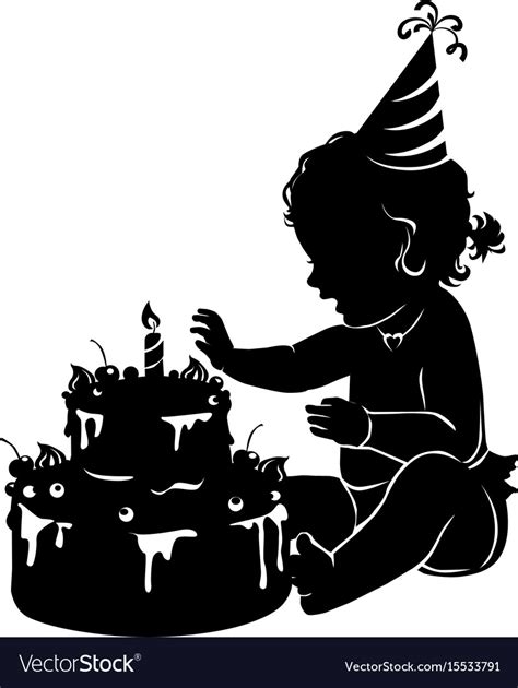 Silhouette baby girl with birthday cake Royalty Free Vector