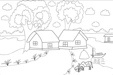 Easy Landscape Village Scenery Drawing Graphic by COLORART · Creative ...