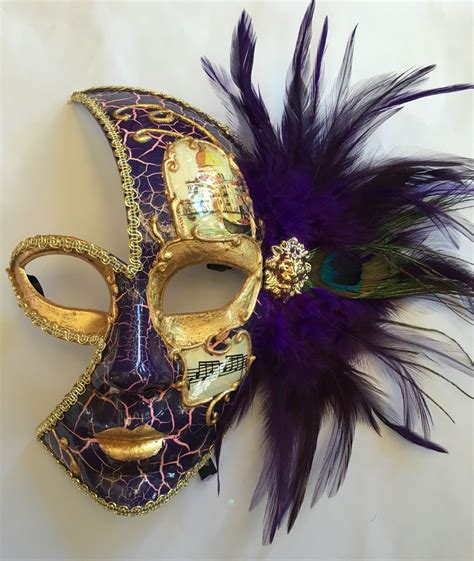 Venetian style Mardi Gras 3/4 face mask with purple and peacock feather ...