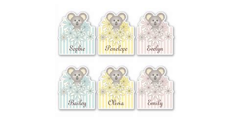 Pastel Stripes Cute Cartoon Baby Koala Kids Name Sticker | Zazzle.com