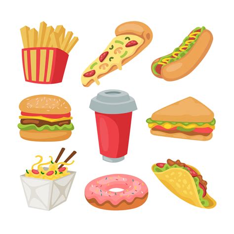 Fast Food Cartoon Set Illustration, Various Unhealthy Junk Food Elements 21334043 Vector Art at ...