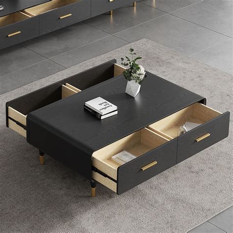 Modern Black Coffee Table with Storage Rectangular Coffee Table with 4 ...