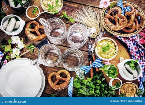 Oktoberfest Food Menu, Bavarian Sausages with Pretzels, Mashed Potato, Sauerkraut, Beer Stock ...