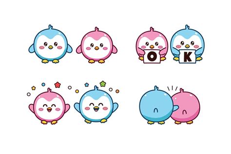 Set of cute kawaii couple blue and pink little penguin for social media ...