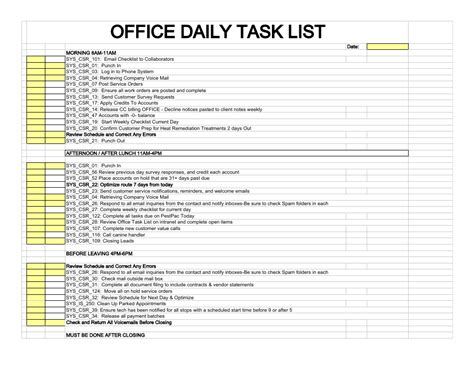 Office Daily Task List Template Download Printable PDF | Templateroller