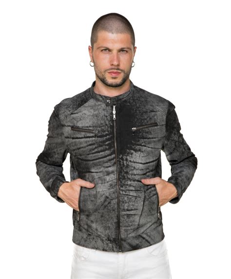 Men's leather jacket in genuine Black Vintage leather 100% made in Italy