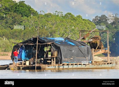 Peru, Amazon Rainforest, Gold Mining in the Middle of the River in Amazon Rainforest Stock Photo ...